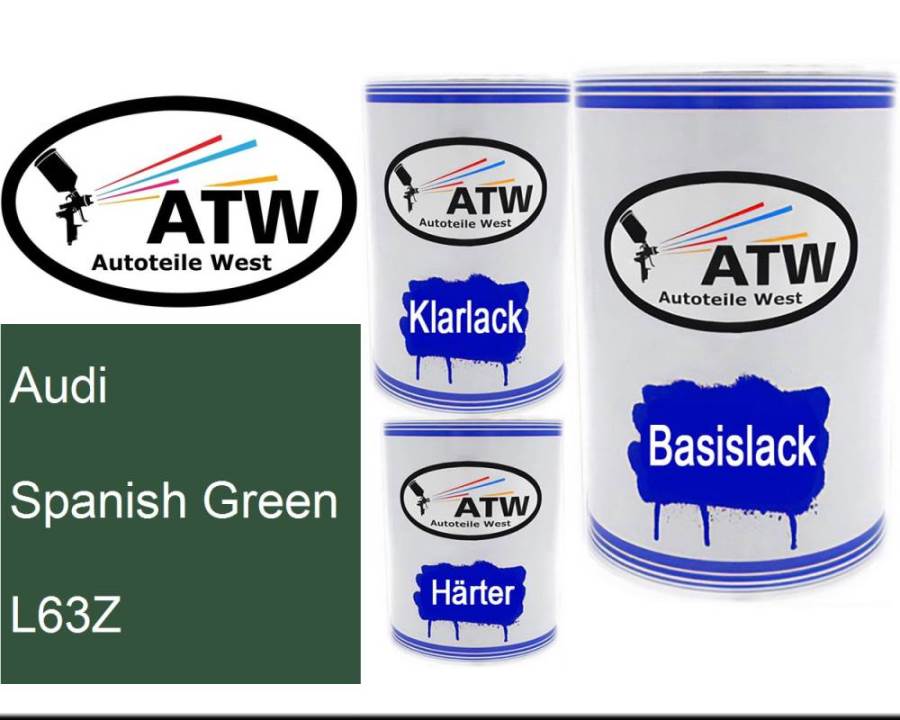 Audi, Spanish Green, L63Z: 500ml Lackdose + 500ml Klarlack + 250ml Härter - Set, von ATW Autoteile West.